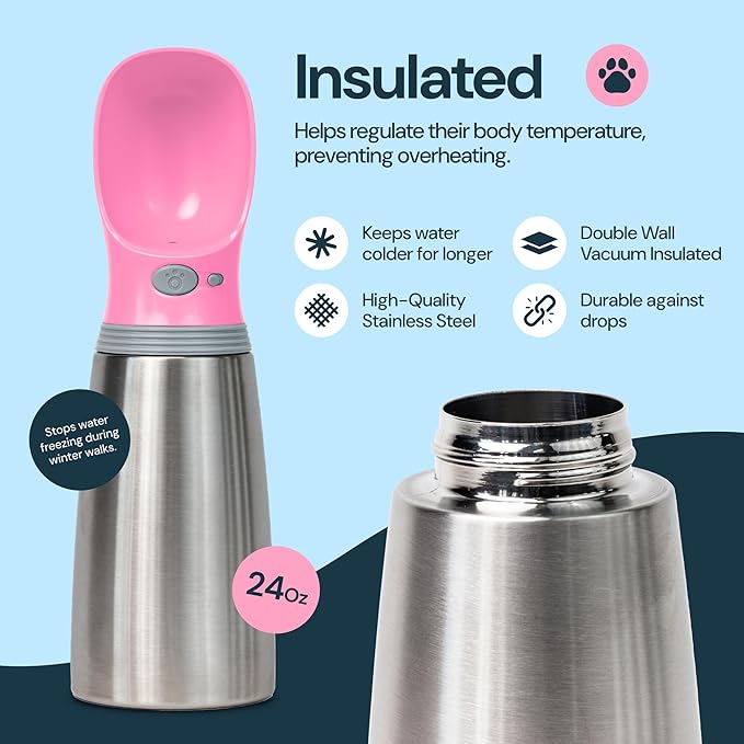 MalsiPree Insulated Dog Water Bottle - 24 Oz, Pink - Leak-Proof Stainless Steel Portable Travel Dispenser & Bowl
