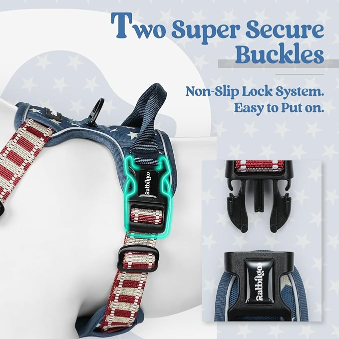 rabbitgoo Dog Harness No Pull with 2 Leash Clips, Adjustable Soft Padded, Reflective Oxford No Choke Pet Vest with Easy Control Handle for Large Dogs, Blue Star, M
