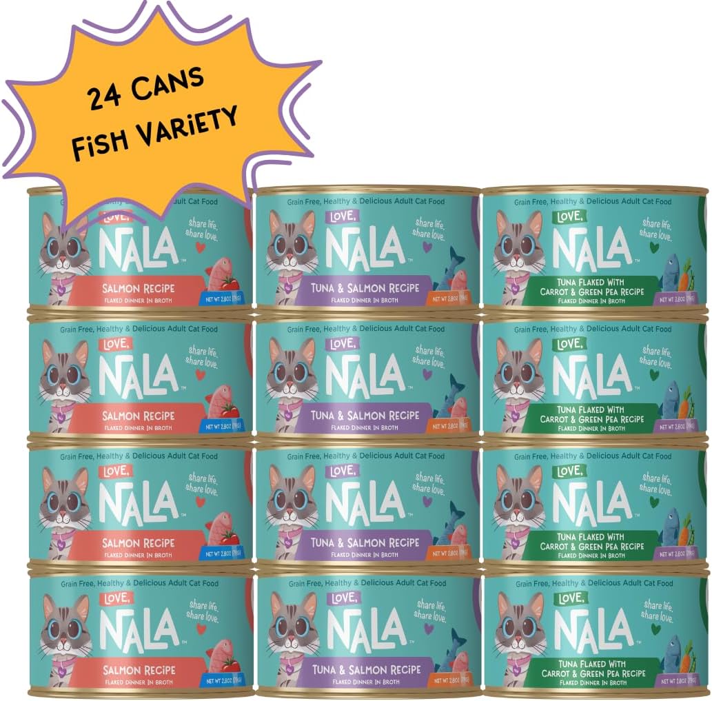 LOVE, NALA - FLAKED Fish Variety Pack - 24 Pack - Natural Adult Cat Wet Food - Grain Free, Non-GMO, Lean Protein, Omega 3, Added Minerals & Vitamins