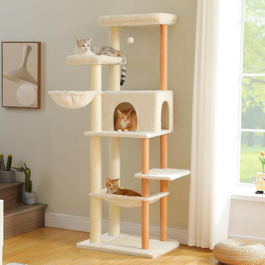 PAWZ Road Large Cat Tree, 73 Inches Tall Wooden Cat Tower with 2 Spacious Hammocks,2 Big Top Beds,8 Fully Scratching Posts and Natural Wood Posts, Multi Cat Tree for Indoor Cats Large Adult-XL