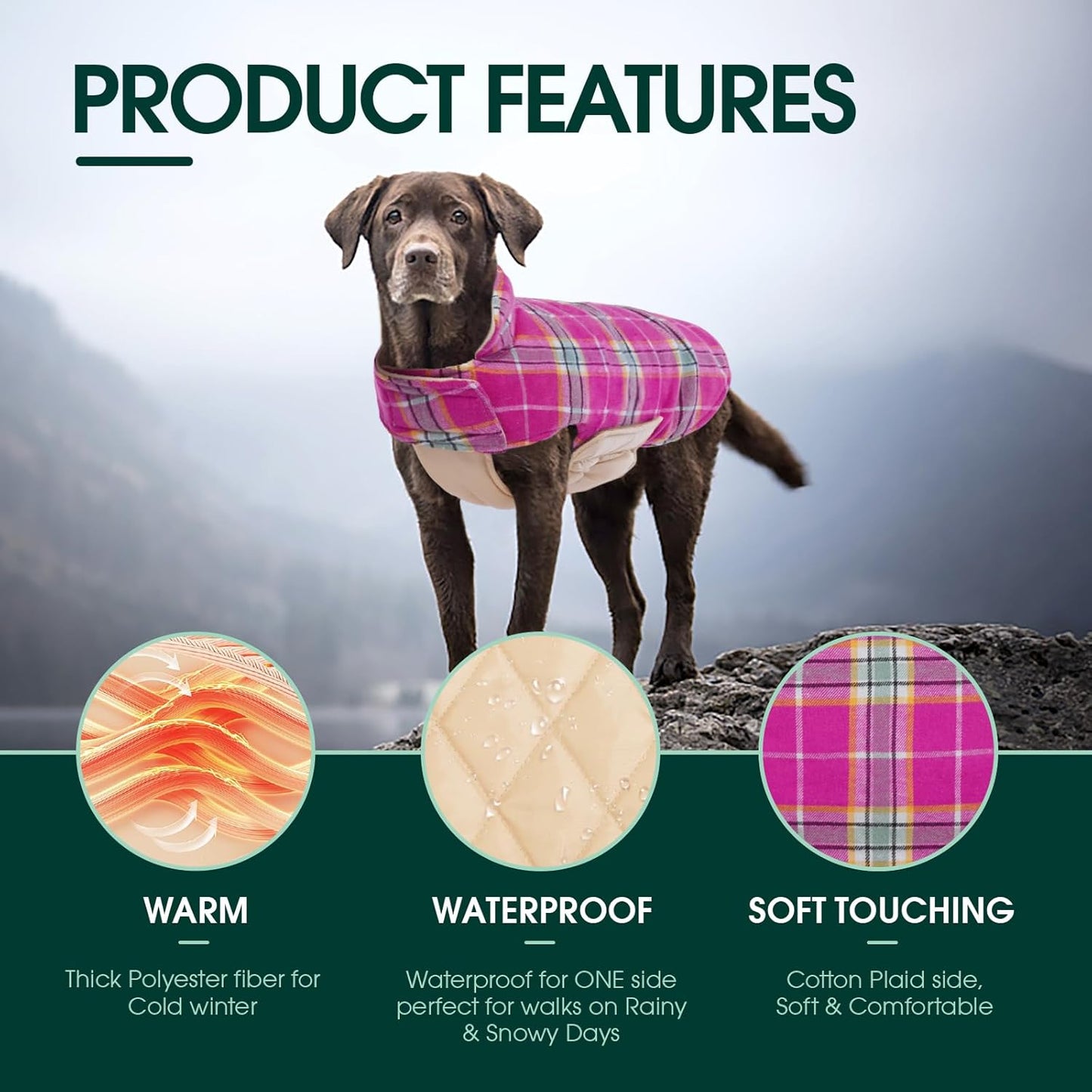 Kuoser Warm Dog Coat, Waterproof Dog Jacket for Extra Large Dogs, Adjustable Durable XL Doggie Winter Coat Reversible Cozy Puppy Cold Weather Apparel from Small to Large Breed, Rose XL