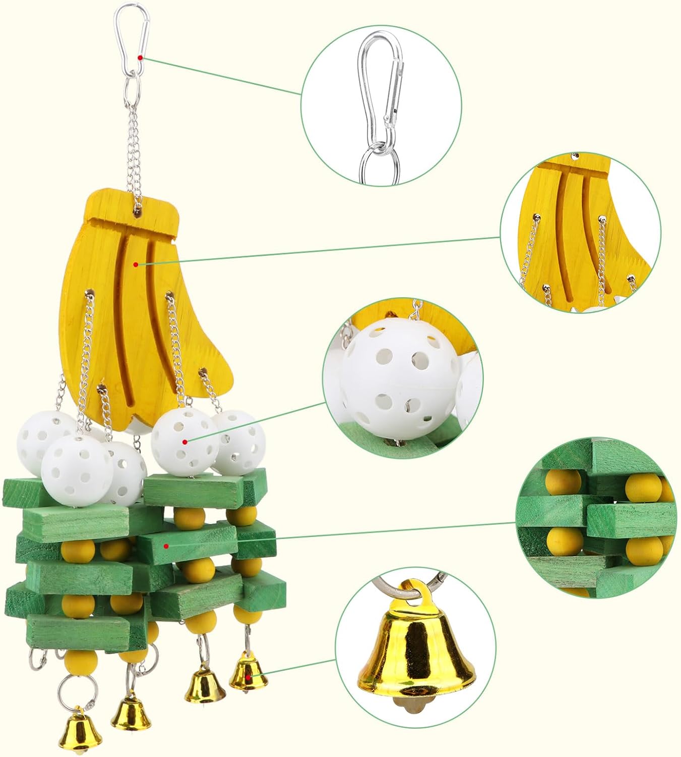 Hypeety Large Parrot Hanging Swing Toy Bells Chew Toy Colorful Hanging Wood Block Parrot Macaw African Greys Cockatiels Budgies Conure Banana Shape Natural Birds Cage Hanging Toy