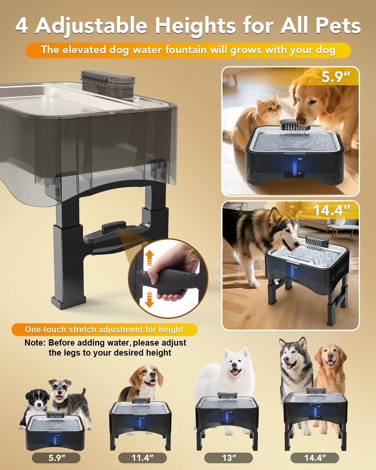 UPSKY 2.25Gal Elevated Dog Water Fountain, 4 Heights Adjustable Pet Fountain for All Dog Sizes, 304 Stainless Steel Tray Indoor Cat Drinking Dispenser with Ultra-Quiet Pump & 2 Replacement Filters