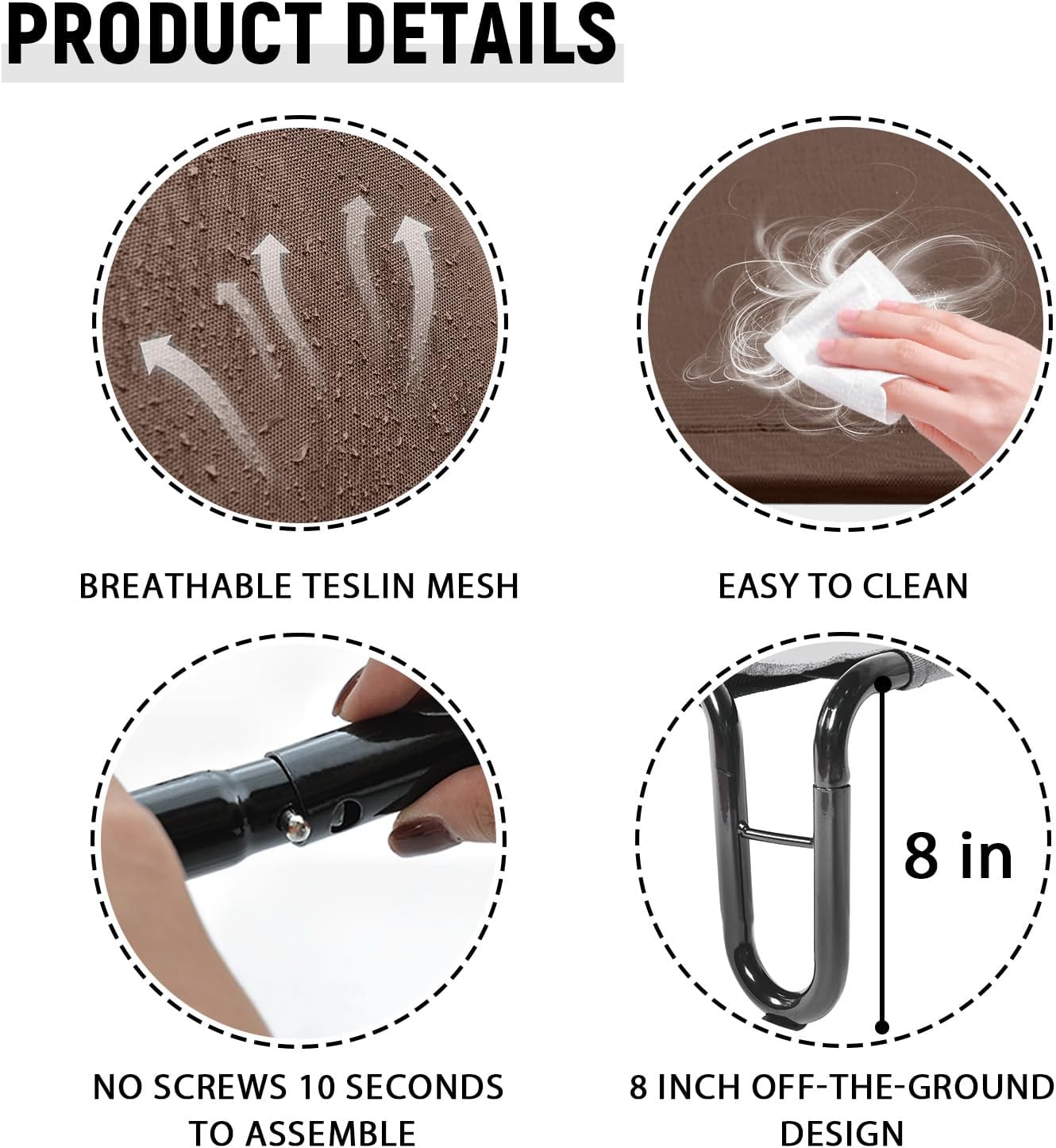 pettycare Elevated Outdoor Dog Bed - Raised Cots for Large Dogs, Waterproof Pet Bed Easy to Assemble, Cooling with Breathable Teslin Mesh, Durable, Non Slip, Up to 65 lbs, Brown