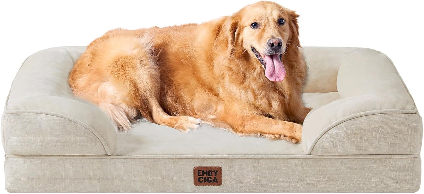EHEYCIGA Orthopedic Dog Beds for Extra Large Dogs, Waterproof Memory Foam XL Pet Bed with Sides, Non-Slip Bottom and Egg-Crate Foam Big Dog Couch Bed with Washable Removable Cover, Beige