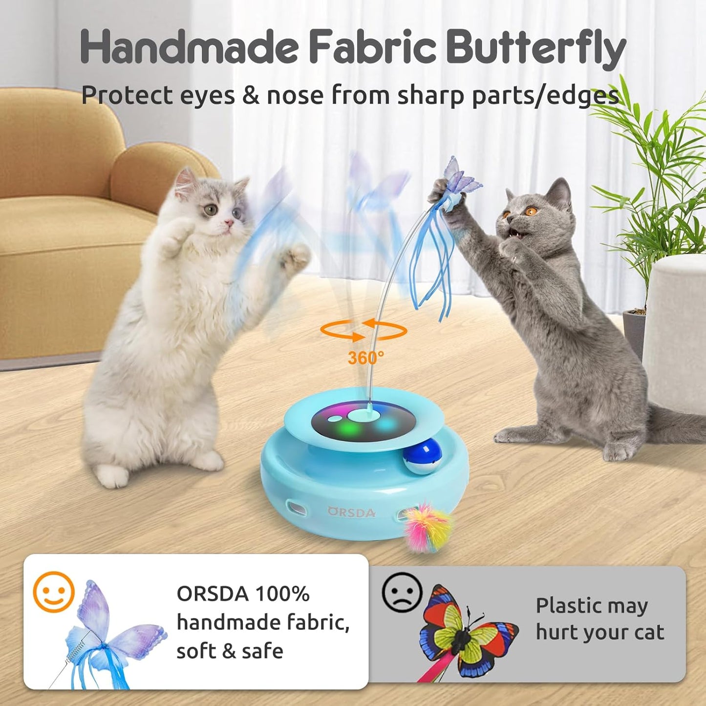 ORSDA Cat Toy, 3-in-1 Automatic Interactive Electronic Moving Ambush Feather, Fluttering Butterfly, Track Balls, USB Rechargeable Powered Smart Indoor Exercise Kicker