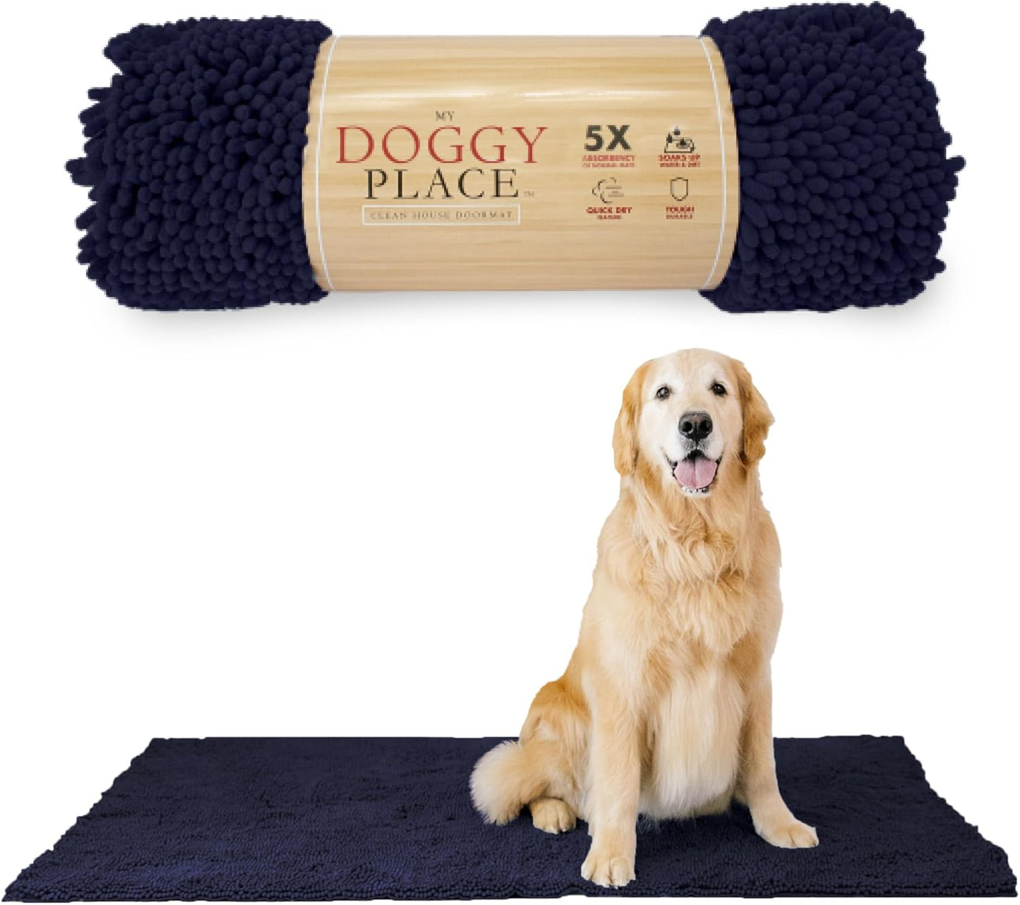 My Doggy Place Microfiber Dog Mat for Muddy Paws, 60" x 36" Navy Blue - Non-Slip, Absorbent and Quick-Drying Dog Paw Cleaning Mat, Washer and Dryer Safe - X-Large/Runner