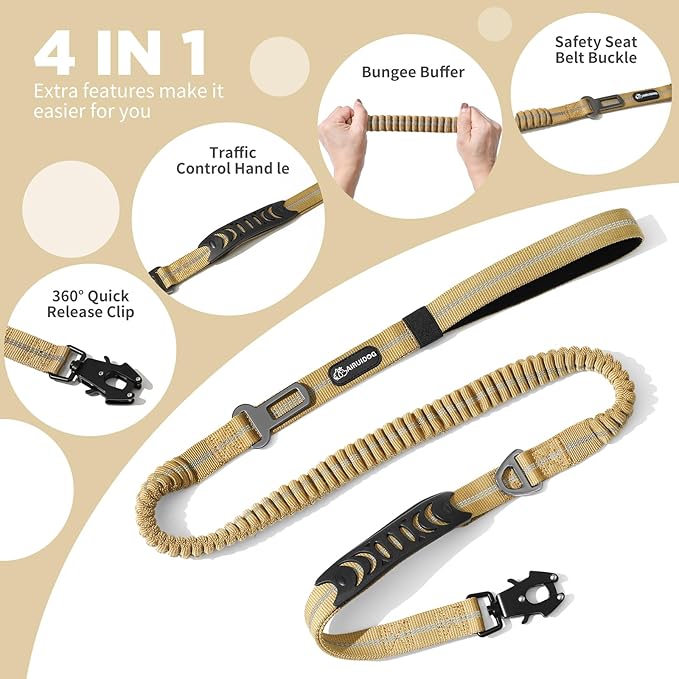 Heavy Duty Tactical Bungee Dog Leash, 4-6FT Shock Absorbing Tactical Leash with 2 Padded Handles, Metal Carabiner Clip,Car Seatbelt, Reflective Dog Leashes for Medium Large Dogs (Brown)