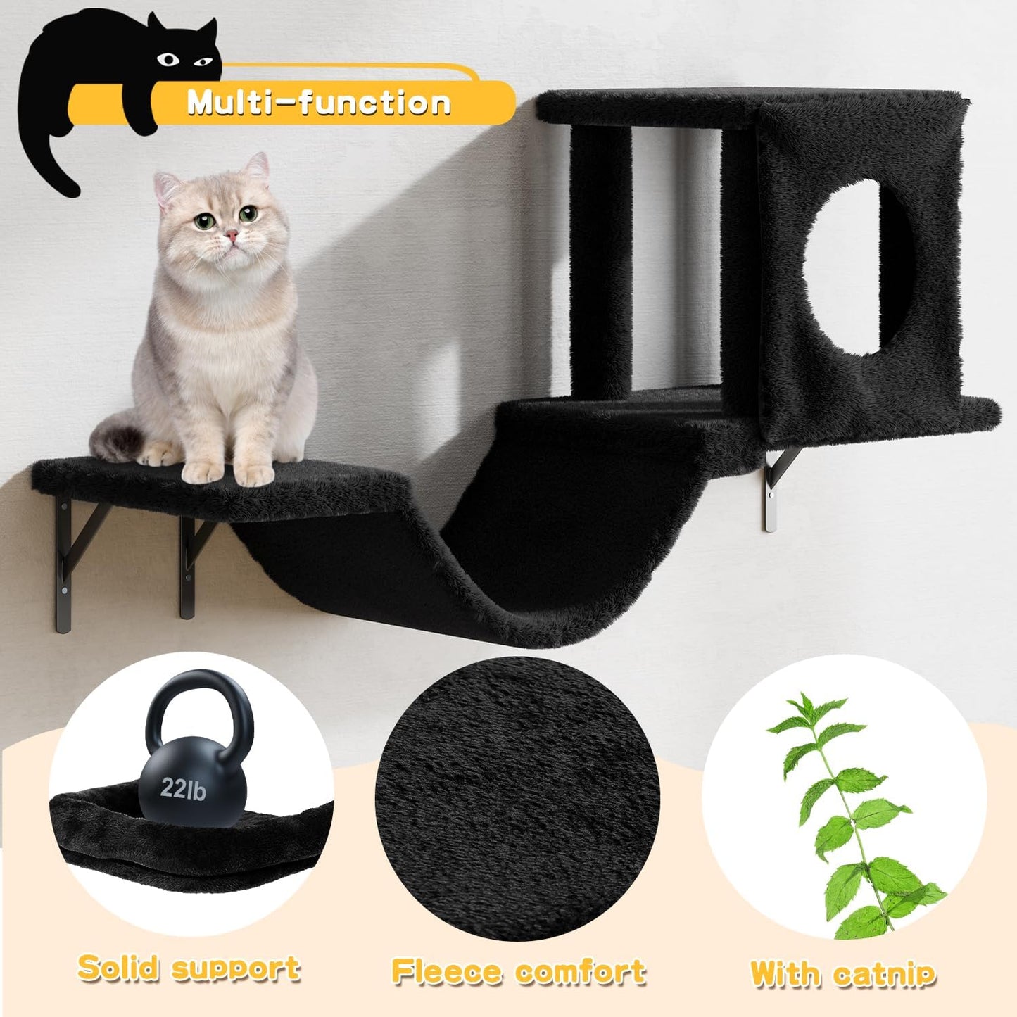 NUNU LAB Cat Wall Shelves, 6 Pcs Luxury Wall-Mounted Cat Climber Set, Indoor Cat Furniture with 1 Condos House, 2 Cat Wall Shelves, 1 Scratching, 1 Bridge Ladder, 1 Scratching Pad, Black