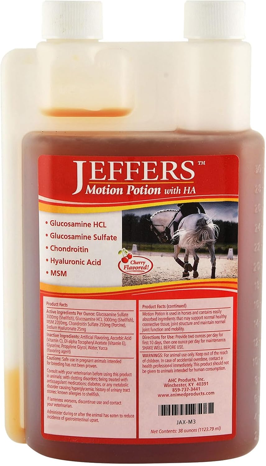 Jeffers Equine Motion Potion Liquid Horse Joint Supplement with HA, Cherry Flavor – Glucosamine, MSM, Chondroitin, Hyaluronic Acid – Mobility Support for Horses – 38 oz Bottle – Up to 38 Servings