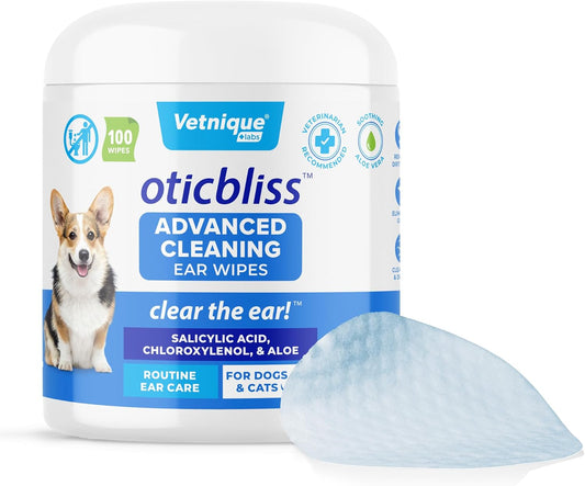 VETNIQUE Oticbliss Advanced Cleaning Ear Wipes for Dogs & Cats for Odor Control, Dirt and Wax Removal with Soothing Aloe Vera, Drying Agent and Vitamin E, Clear the Ear 100ct Wipes