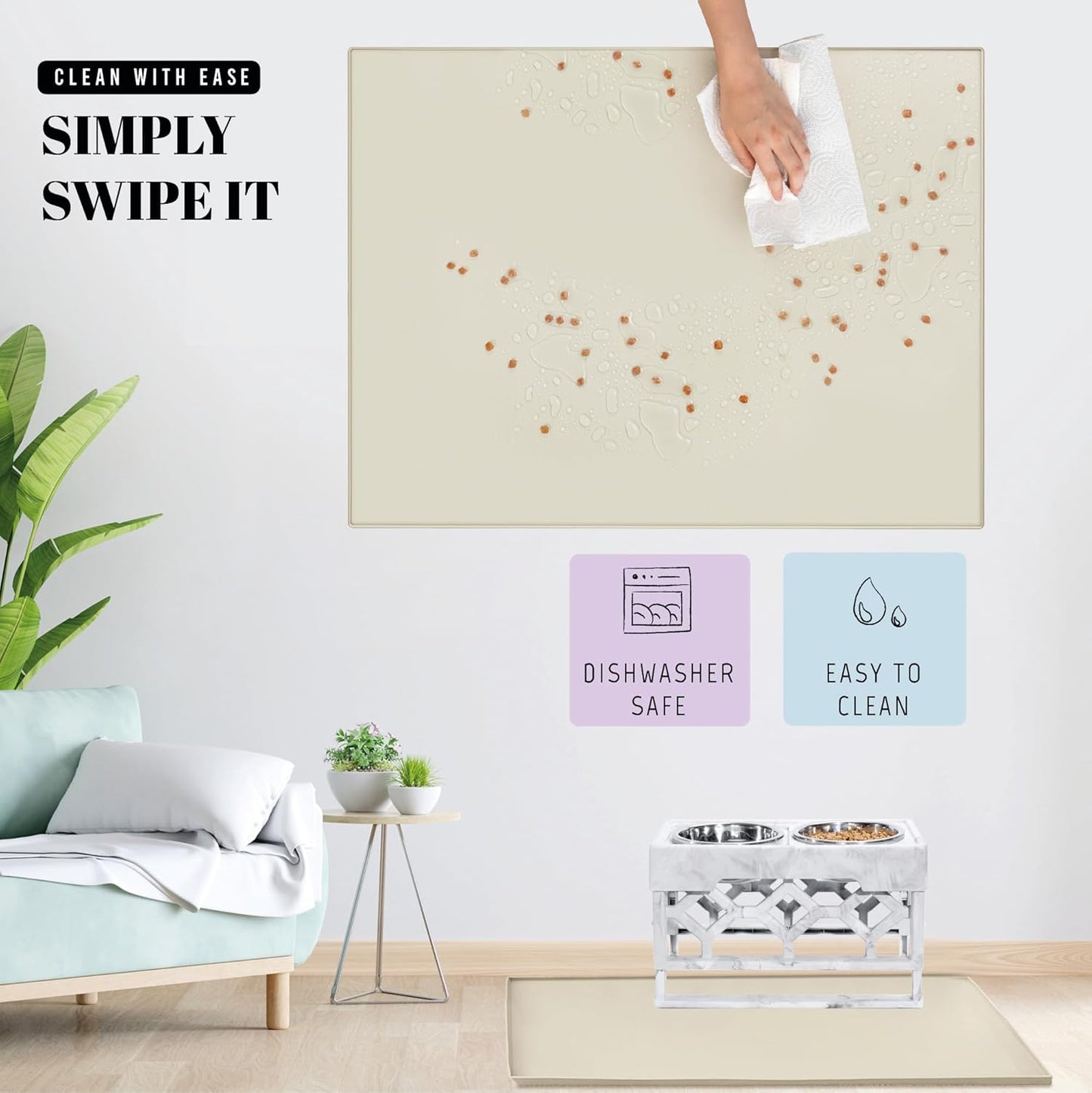 AVERYDAY 32x24'' Silicone Dog Mat for Food and Water, 0.63'' Edge Dog Food Bowl Mats for Floor Waterproof, Dogs Water Mat for Sloppy Drinker, Non Slip Rubber Pet Feeding Mats for Indoor Dogs and Cats