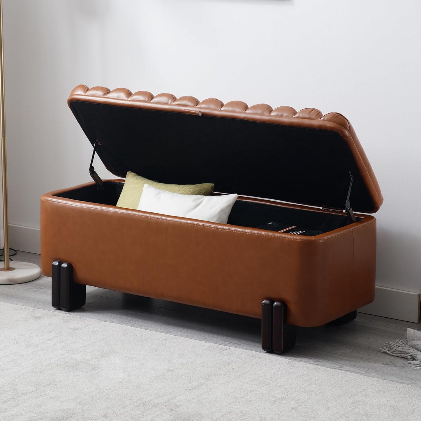 Kmax 45" Storage Bench PU Leather Entryway Bench Upholstered Ottoman Bench with Wavy Top & Safty Hinge for Bedroom Living Room Hallway, Brown