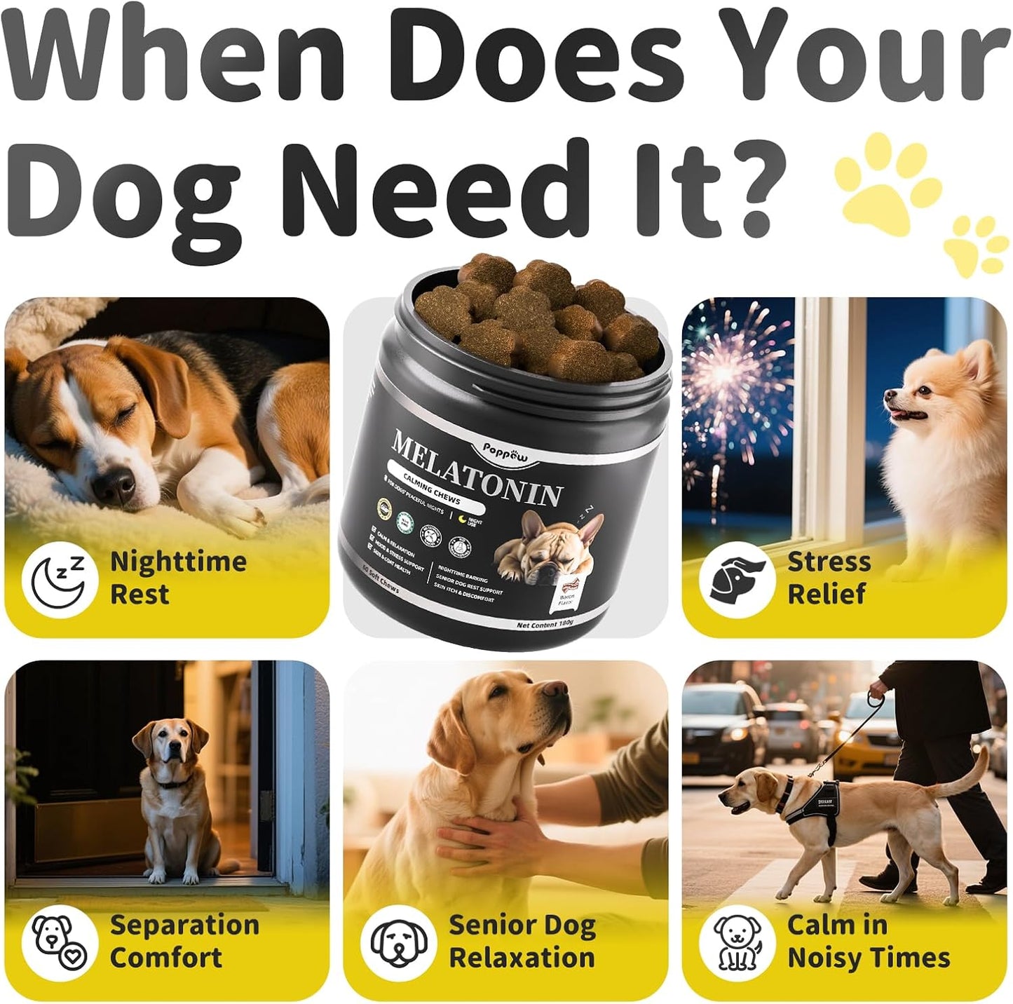 Melatonin for Dogs, Calming Chews with Valerian Root & L-Theanine for Sleep Aid & Emotional Support, Calming Treats for Stress Anxiety Relief - Thunder, Fireworks, Barking, Bacon Flavor, 60Ct