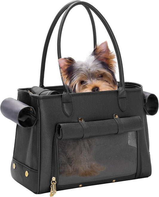 Fashion Pet Carrier Purse for Small Cat and Dog, Luxury Pu Soft-Sided Tote Bag with Large Pockets for Dogs and Puppies (Black, 15.8" L x 7.5" W x 11.8" H)