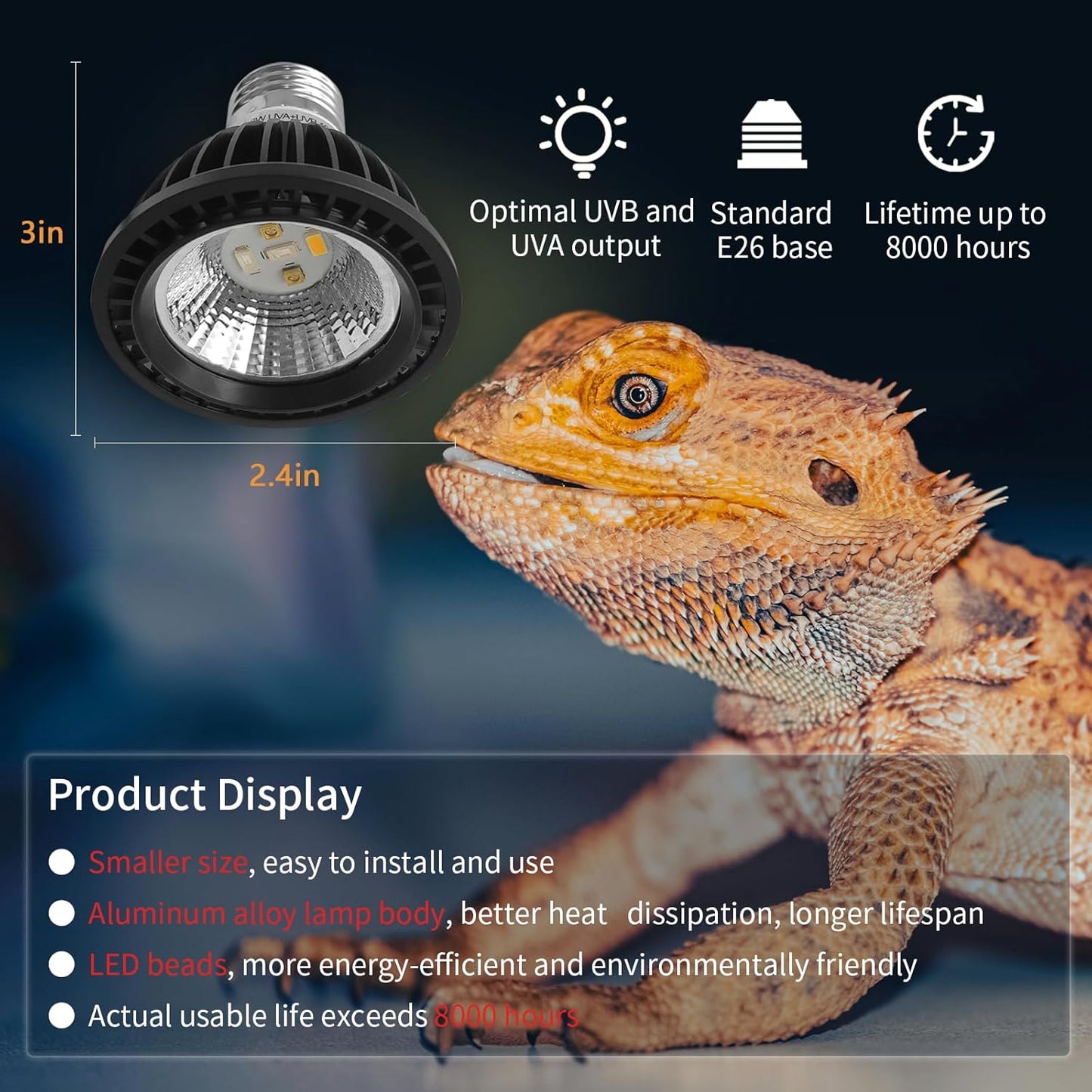 UVB Light Bulb for Reptiles, LED 3W 10.0 UVA UVB Heat Lamp Bulbs Ideal for Rainforest Reptiles, Bearded Dragons Lizard Turtle Tortoise Iguanas Chameleons Snake (2 Pack)