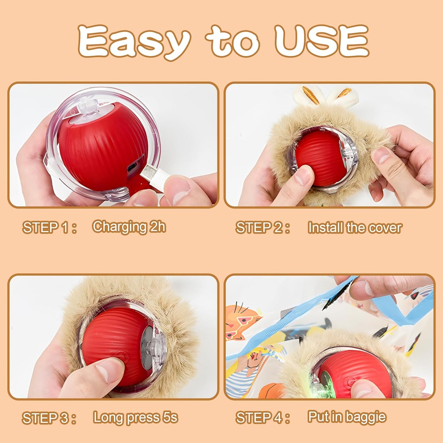 Rocfish Interactive Cat Toys Ball - Automatic Fast Rolling Ball in Play Mat, Hide and Seek Mouse Catching Game, Low-Noise Cat Enrichment Toys in Pouch for Indoor Bored Cats (Red Toy & Round Mat)