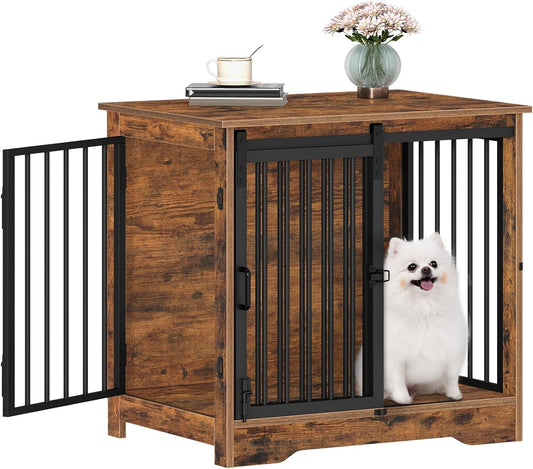 27.2" Dog Crate Furniture with Barn Door, Heavy Duty Dog Kennel Indoor with 2 Doors, Wooden Pet Cage End Table for Small Medium Dogs up to 22 lb, Anti-Chew Anti-Escape, Rustic Brown DFC84301B
