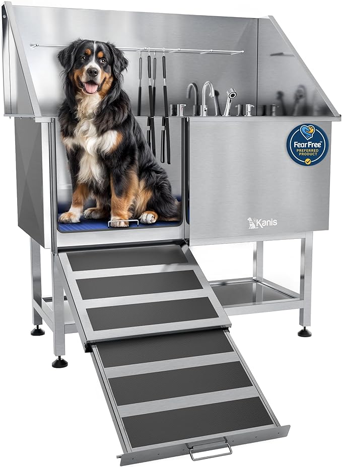 KANIS Professional Dog Washing Station - 304 Stainless Steel Pet Wash Sink & Grooming Bath Tub for Home with Ramp, Shower, Floor Grate, Storage Shelf, Faucet, Drain Kit for Large, Medium & Small Pets