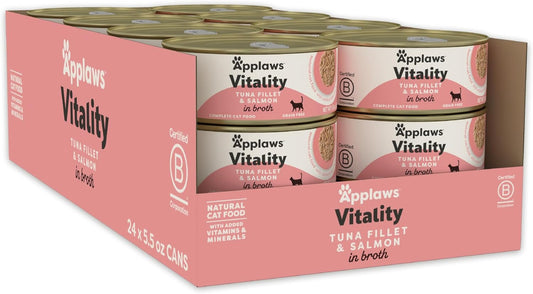 Applaws Vitality Wet Cat Food in Broth, Natural Canned Cat Food, Wet Food for Cats with Added Vitamins and Minerals, Grain and Carrageenan Free, Tuna Fillet & Salmon in Broth (24 Count, 5.5oz Cans)