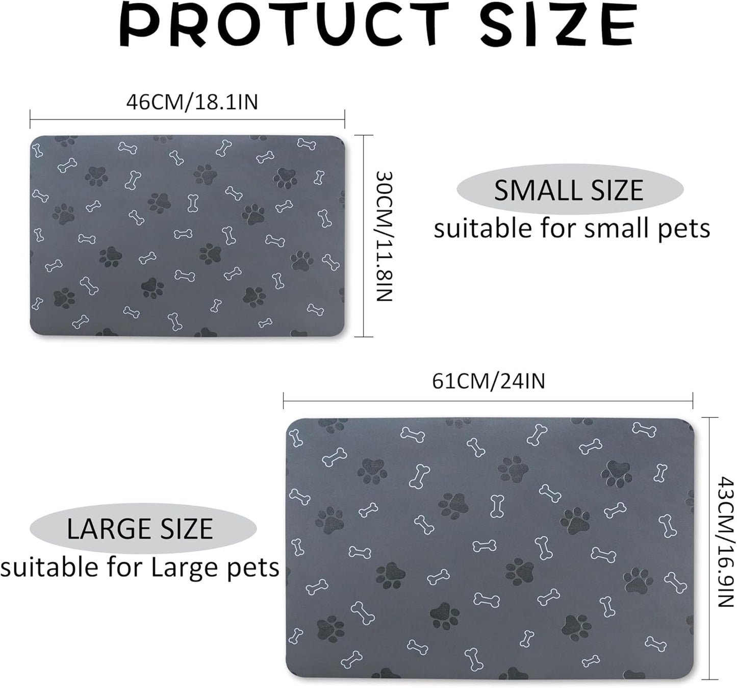 Pet Cat Dog Food Mat Non Slip Mat for Dog Water Bowl Mat Quick Dry Absorbent Cat Feeding Mat, 24 * 16.9 in, Dark Grey