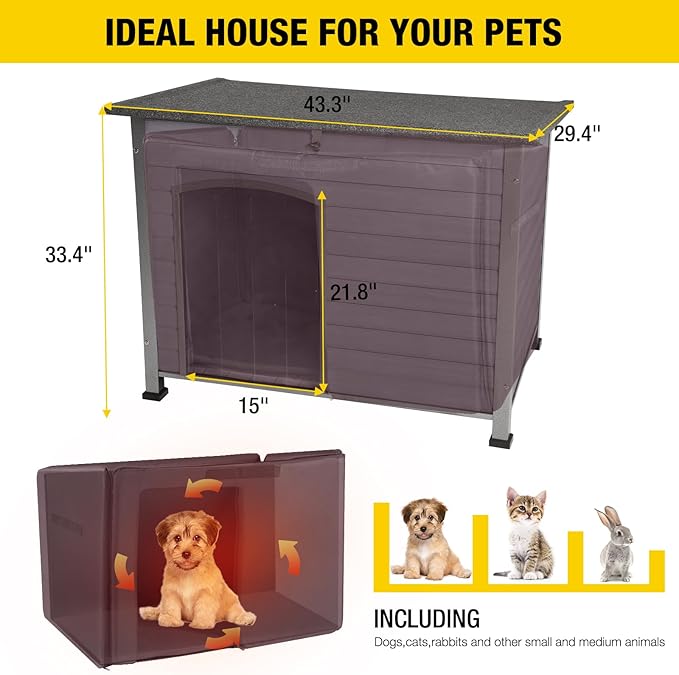 Aivituvin Dog House with Insulated Liner, Outdoor Indoor Weatherproof Dog House for Winter, Suitable for Small & Medium & Large Dogs with Unique All-Around Iron Frame(Grey)