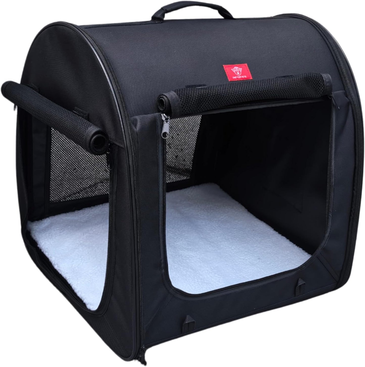 Fabric Portable Pet Kennel/Shelter, Single, Black 20"x20"x19.5" - Car Seat-Belt Fixture Included