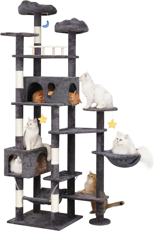85in Giant Cat Tree for Heavy Duty Big Cats, Large Cat Trees with Scratching Post, Cat Tree Tower with Cat Condos, Hammock & Plush Perch for Maine Coon, Smoky Gray