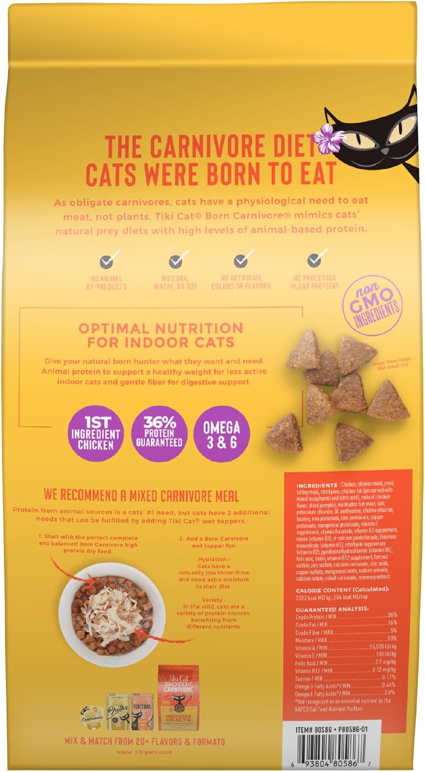 Tiki Cat Born Carnivore High Protein, Indoor Health, Chicken and Turkey Meal Recipe, Grain-Free Baked Kibble to Maximize Nutrients, Dry Cat Food, 3 lb. Bag