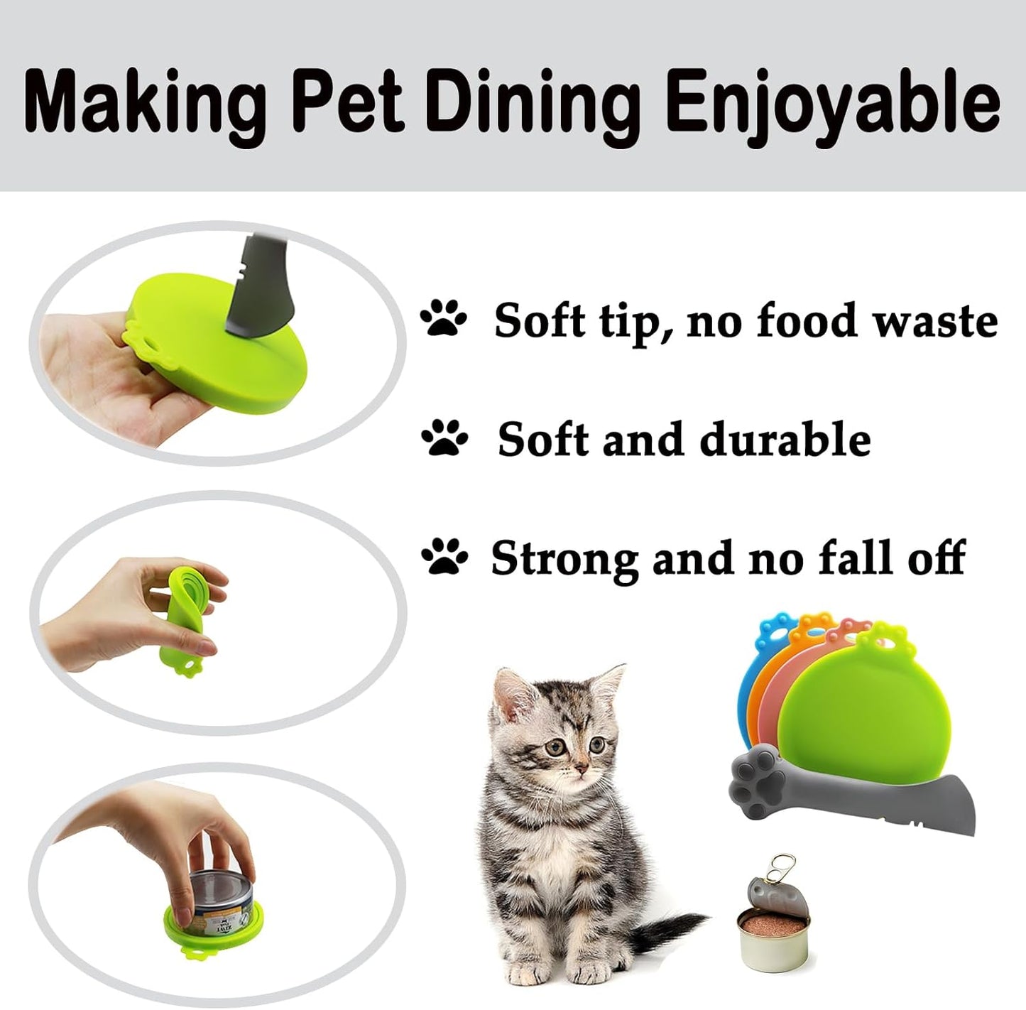 Food Can Spoon & Lids, One Multi-Functional Opener Spatula, 4 PCS BPA Free Silicone Universal Can Covers, Cute Paw Shape Spoon for Cat Dog Wet Food (Grey)