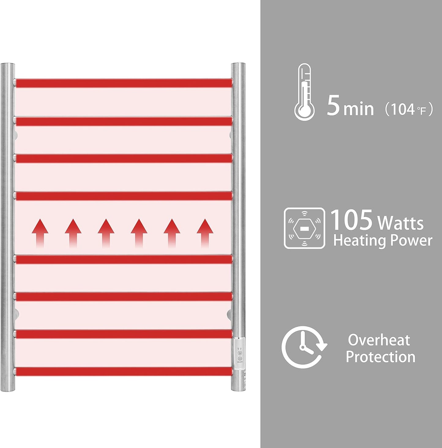 KEG Towel Warmer Wall Mounted with Built-in Timer 8 Bars Electric Stainless Steel Heated Towel Racks for Bathroom, Hot Plug-in Bath Towel Heater Brushed Nickel (TW-8-BN)