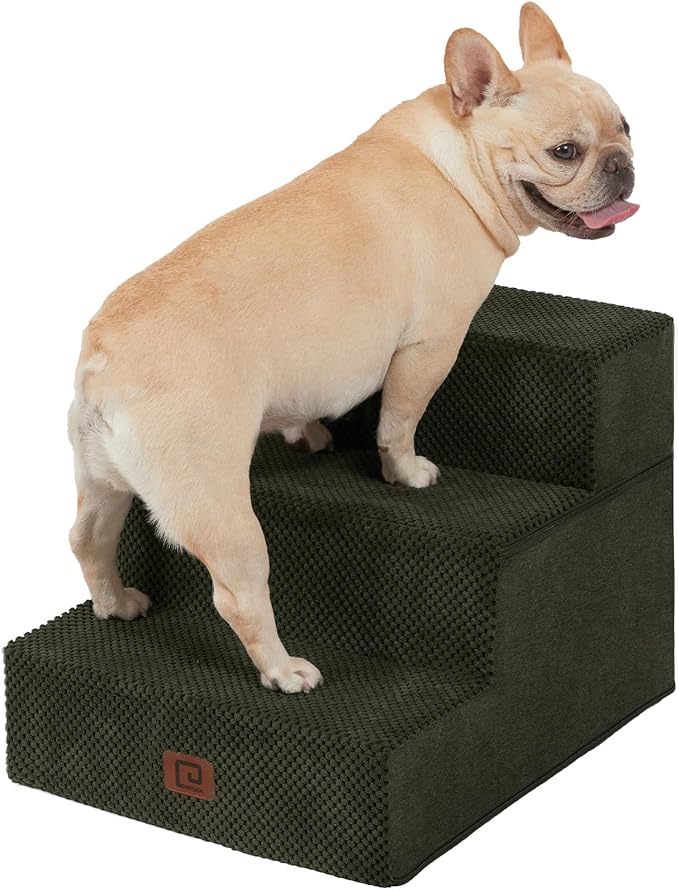 EHEYCIGA Dog Stairs for Small Dogs 13.5" H, 3-Step Dog Steps for Couch Sofa and Chair, Pet Steps for Medium Cats, Non-Slip Balanced Pet Ramp Indoor, Olive Green