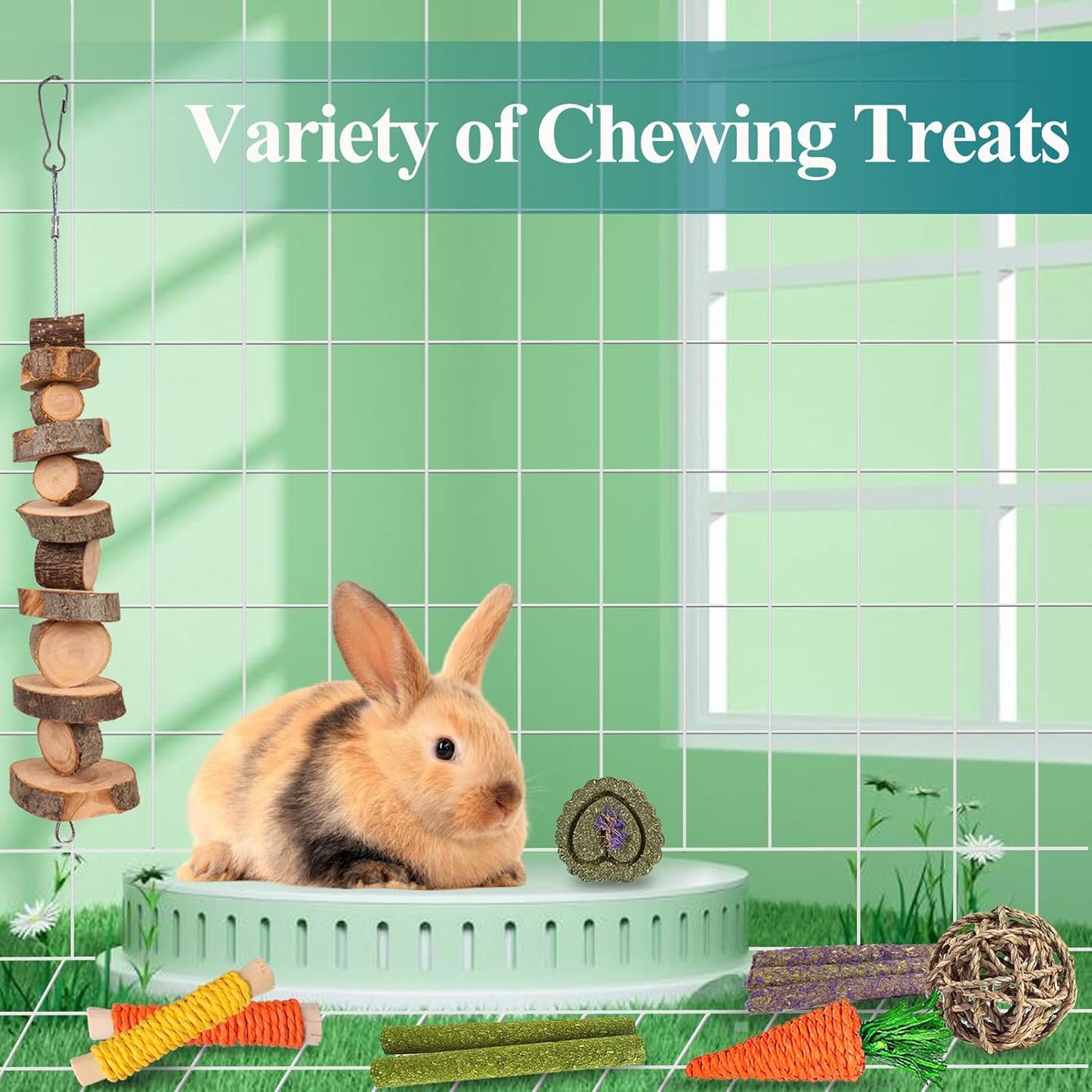 HERCOOCI 18Pcs Rabbit Chew Toys, Bunny Treats and Ball Timothy Hay Stick Toys for Rabbit Bunny Guinea Pig Chinchilla Hamster Teeth Care