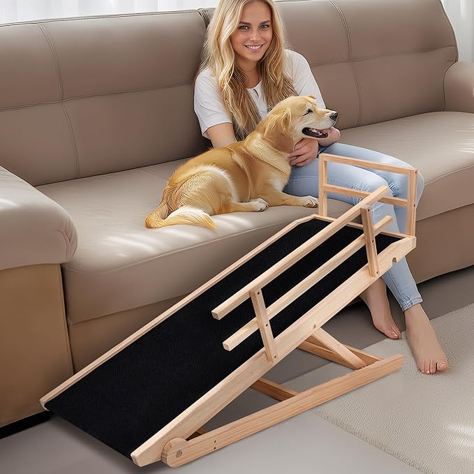 Dog Ramp, 5 Level Adjustable Height Folding Pet Ramp for High Bed, Portable Paw Ramps Large Bed Ramp for Medium & Large Old Dogs & Cats - Natural Wood Furniture Quality