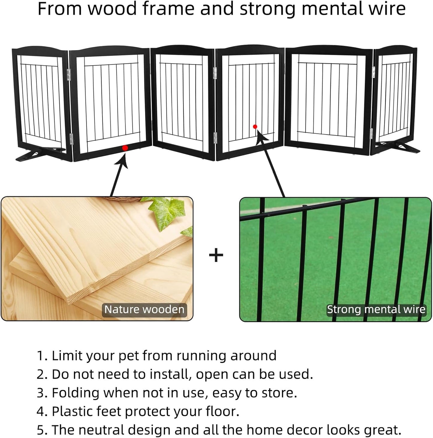 ZJSF Freestanding Dog Fence Indoor, Foldable Dog Gate for Doorways, Stairs or Hallways, Sturdy Wood Extra Wide Pet Gate with Support Feet for The House, Black, 32 "Height-6 Panels