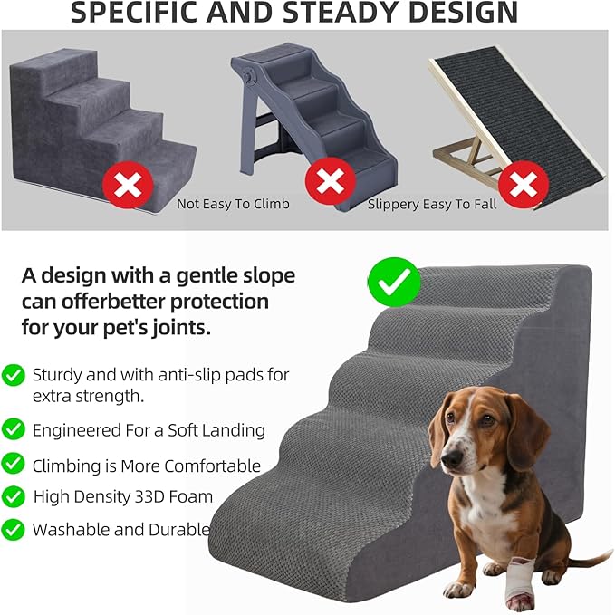 5 Step Pet Stairs Ramp for High Beds Sofas 5-30 Inch with Sturdy Non Slip Waterproof Pads, Machine Washable Cover Indoor Balanced Design for Cats Dogs Small Medium Large XL Pets Grey (Brown, Large, 1)