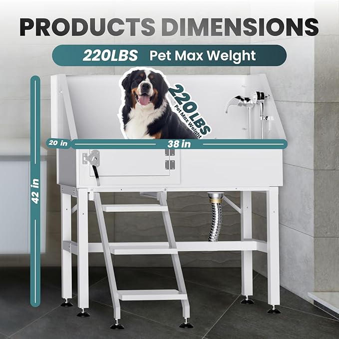 Dog Washing Station for Home, 38" White Professional Stainless Steel Dog Grooming Tub, Height Adjustable Dog Bathing Station, Upgrade Parts, Dog Bath Tubs for Small & Medium Dogs(Left Stair)