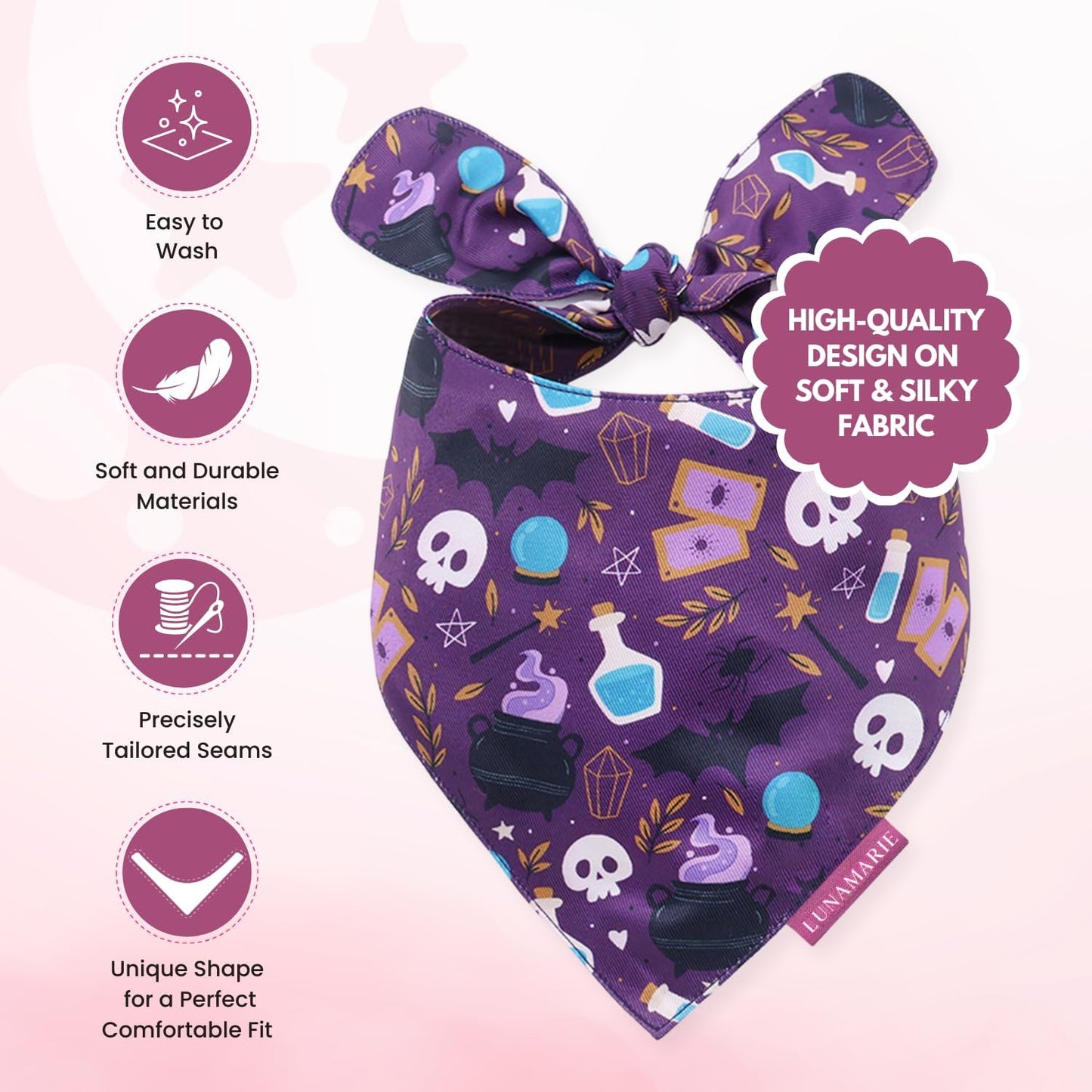 LunaMarie - Luxury Pet Birthday Bandanas -Premium & Silky Poly Fabric | 100% Handmade | Custom Shape Dual Layered (Bewitched, Large)