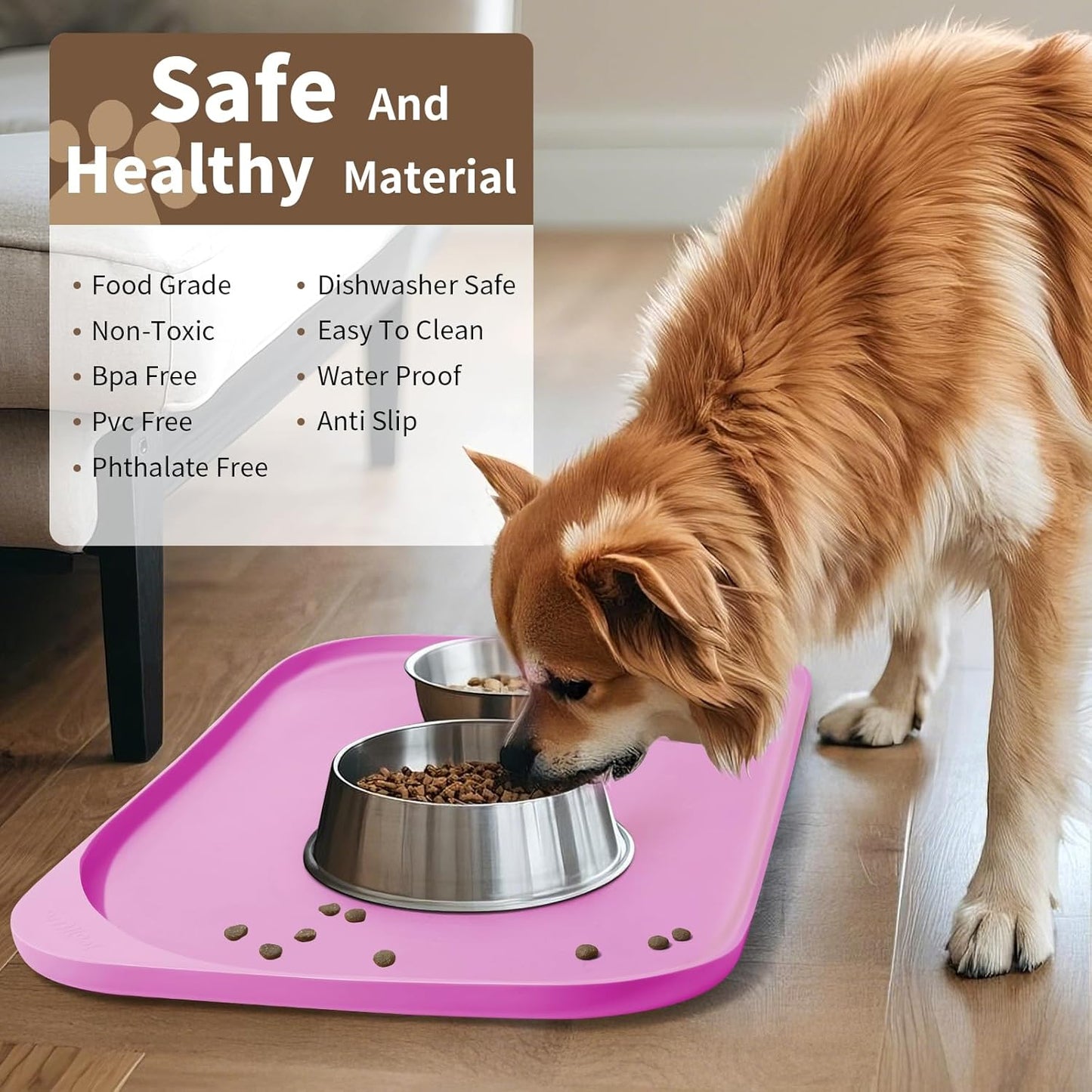 Silicone Pet Feeding Mat with Raised Edge & Residue Collection Pocket for Food and Water, Dog Bowl Mats, Cat Bowls Placemat with High Lip for Floor Waterproof, 19 x 12 x 0.7 Pink