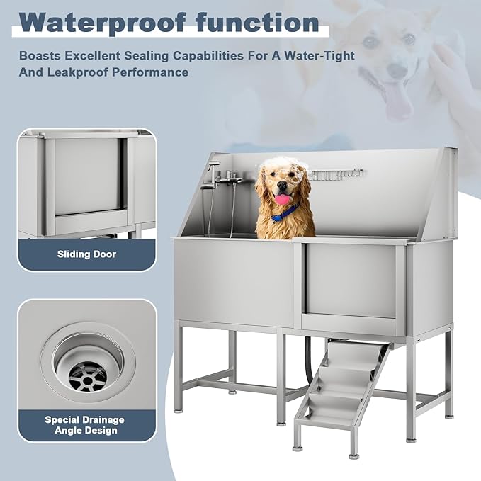 50" Pet Dog Bathing Station, Stainless Steel Dog Bathtub W/Ramp, Floor Grate, Dog Bath Brush, Washing Gloves for Home, Professional Dog Washing Station for Pets (50 Inch Left Door)