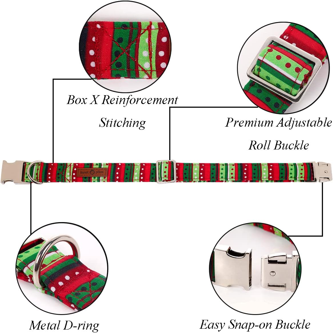 Lionet Paws Christmas Dog Collar with Bowtie, Dog Sailor Bow Collar with Metal Buckle for Dogs, Adjustable Comfortable Dog Collar Girl Gift, L, Neck 16-24 in