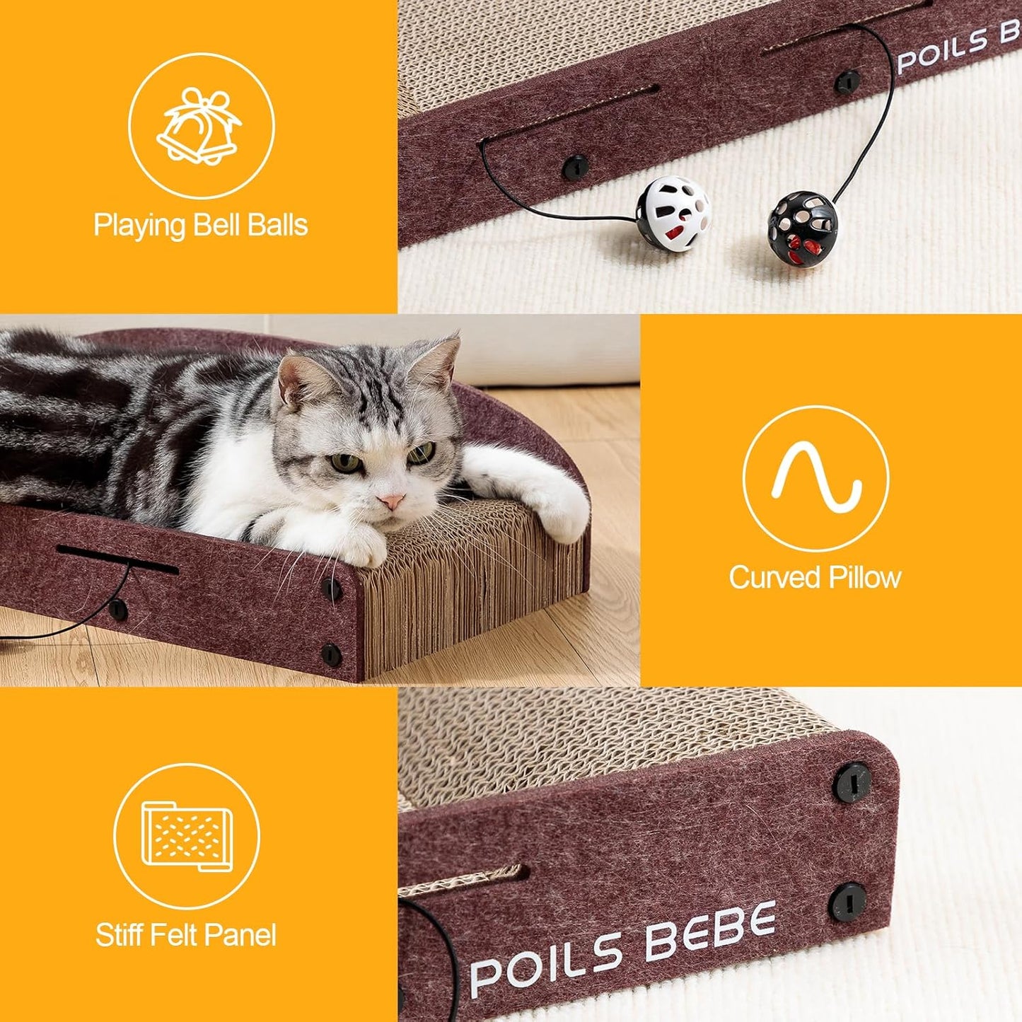Poils Bebe 21 Inch Sofa Cat Scratcher, Small Cat Scratcher Cardboard with Bell Balls, Durable Couch Lounger for Indoor Cats, Cat Scratch Furniture Protector with Catnip, Cat Toys