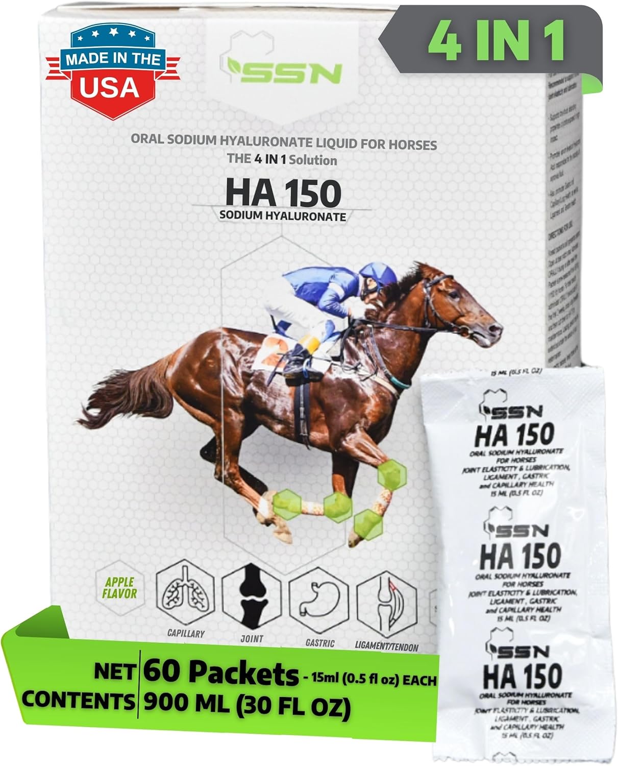 SSN HA 150 - 4 In 1 Horse Supplement - 60 Servings - Equine Joint, Gastric, Ligament/Tendon, Lung Capillary Health - Glucosamine Alternative - (60 Pack, 150mg Sodium Hyaluronate per Serving)