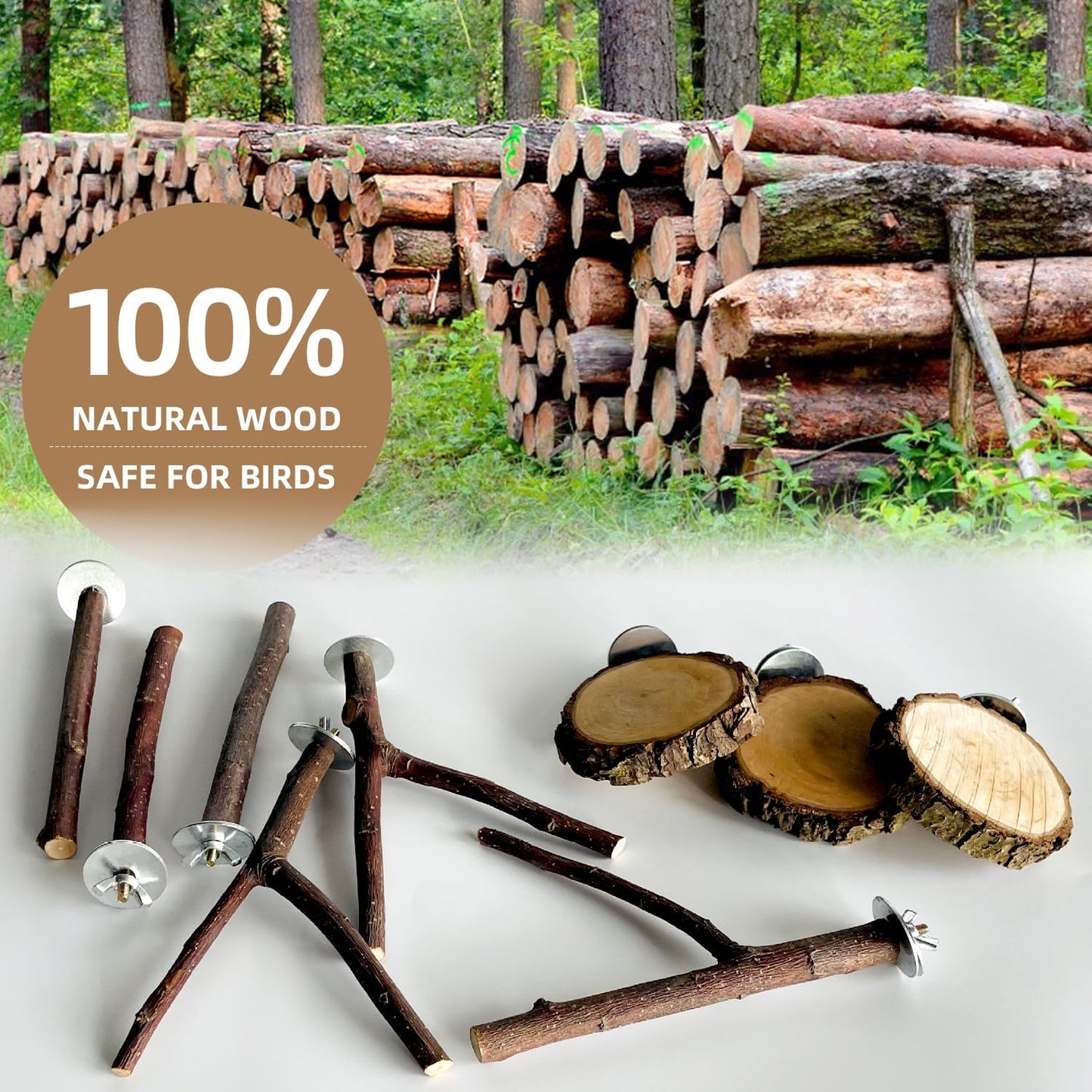 8-Piece Set Natural Wood Bird Perches - Wooden Parrot Stand with Fork Toys, Hanging Multi-Branch Platform, Hammock Swing - Suitable for Parakeets, Budgies - Durable Pet Bird Accessories