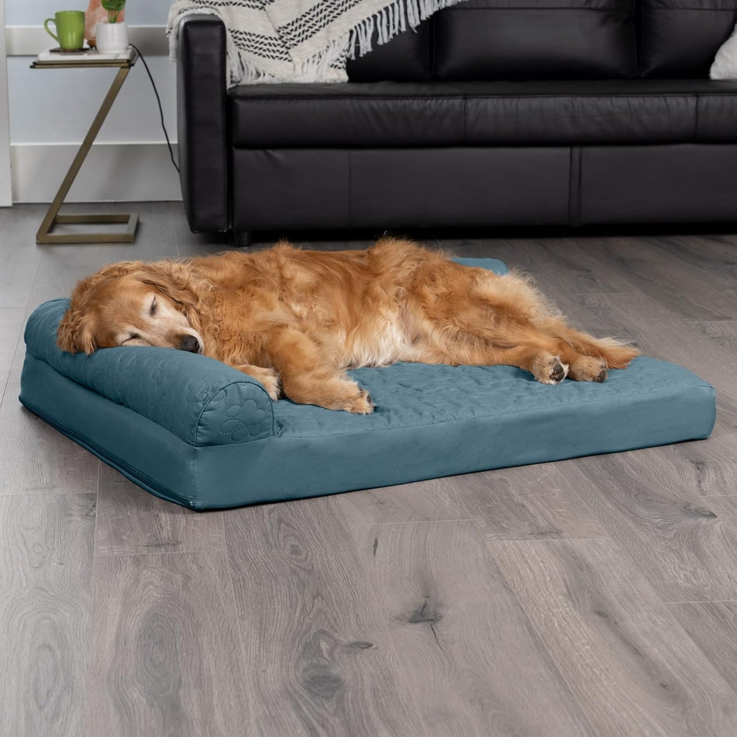 Furhaven Cooling Gel Dog Bed for Large Dogs w/ Removable Bolsters & Washable Cover, For Dogs Up to 95 lbs - Pinsonic Quilted Paw L Shaped Chaise - Bluestone, Jumbo/XL