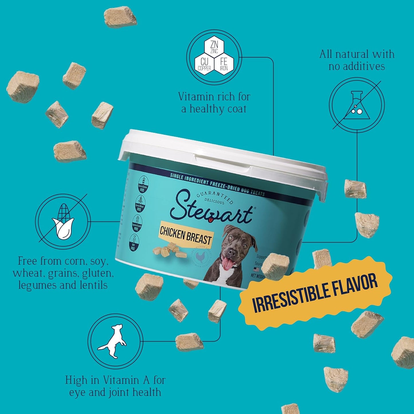 Stewart Chicken Breast Dog Treats, 11.5 oz, ~215 Pieces, Freeze Dried Raw, Single Ingredient, 74% Protein Training Treats or Meal Topper in a Resealable Tub, Grain Free, Gluten Free