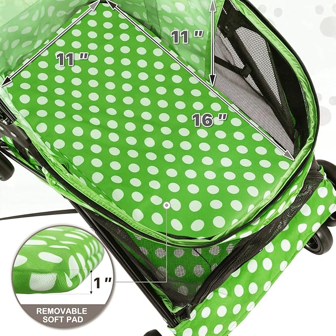 MoNiBloom 4 Wheels Pet Stroller, Easy-Fold Umbrella Shaped Dog Cat Jogger Stroller w/Storage Bag & Visible Mesh for Small/Medium Dogs Cats Lawn Green Polka Dots
