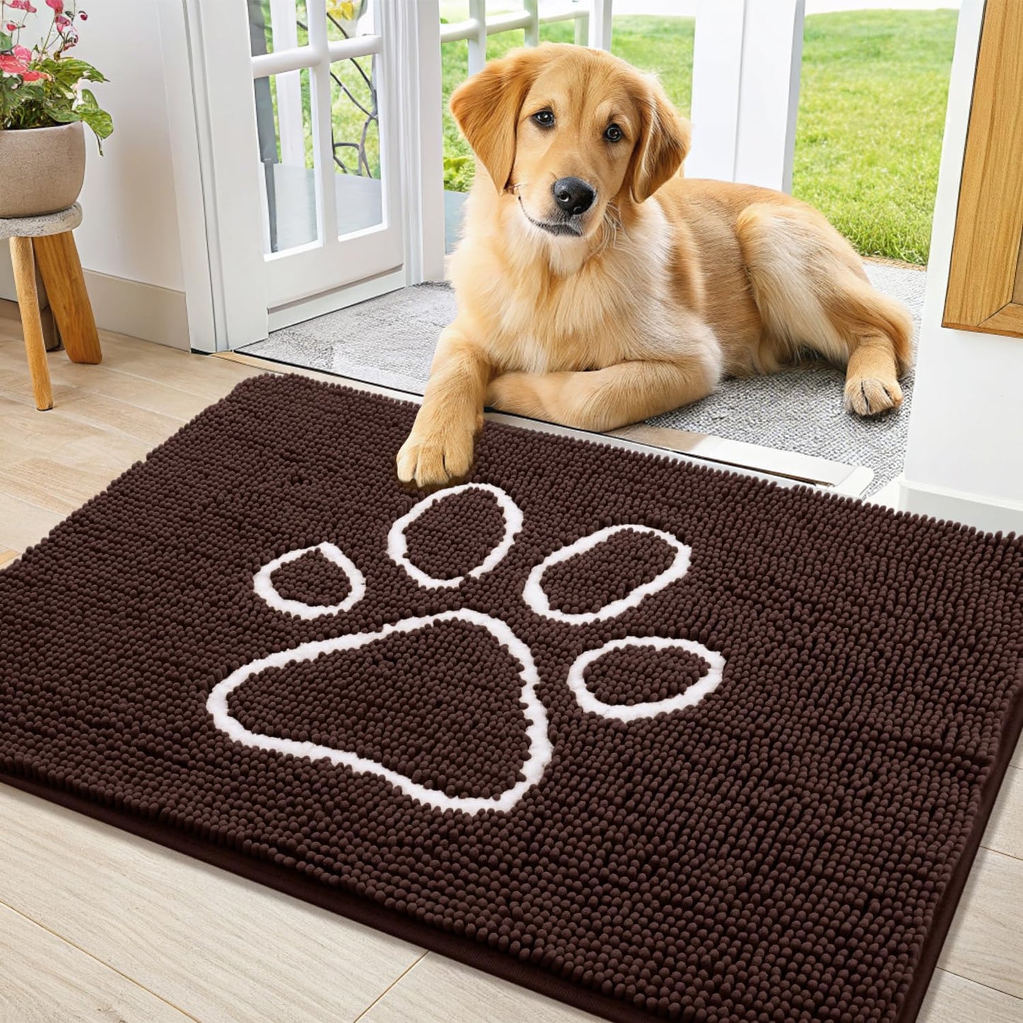 Smiry Dog Door Mat for Muddy Paws, Absorbent Dirt Trapper Non Slip Quick Dry Washable Chenille Mat for Mud Dogs, Entry Rug for Indoor and Outdoor (36x24 Inches, Brown and White)