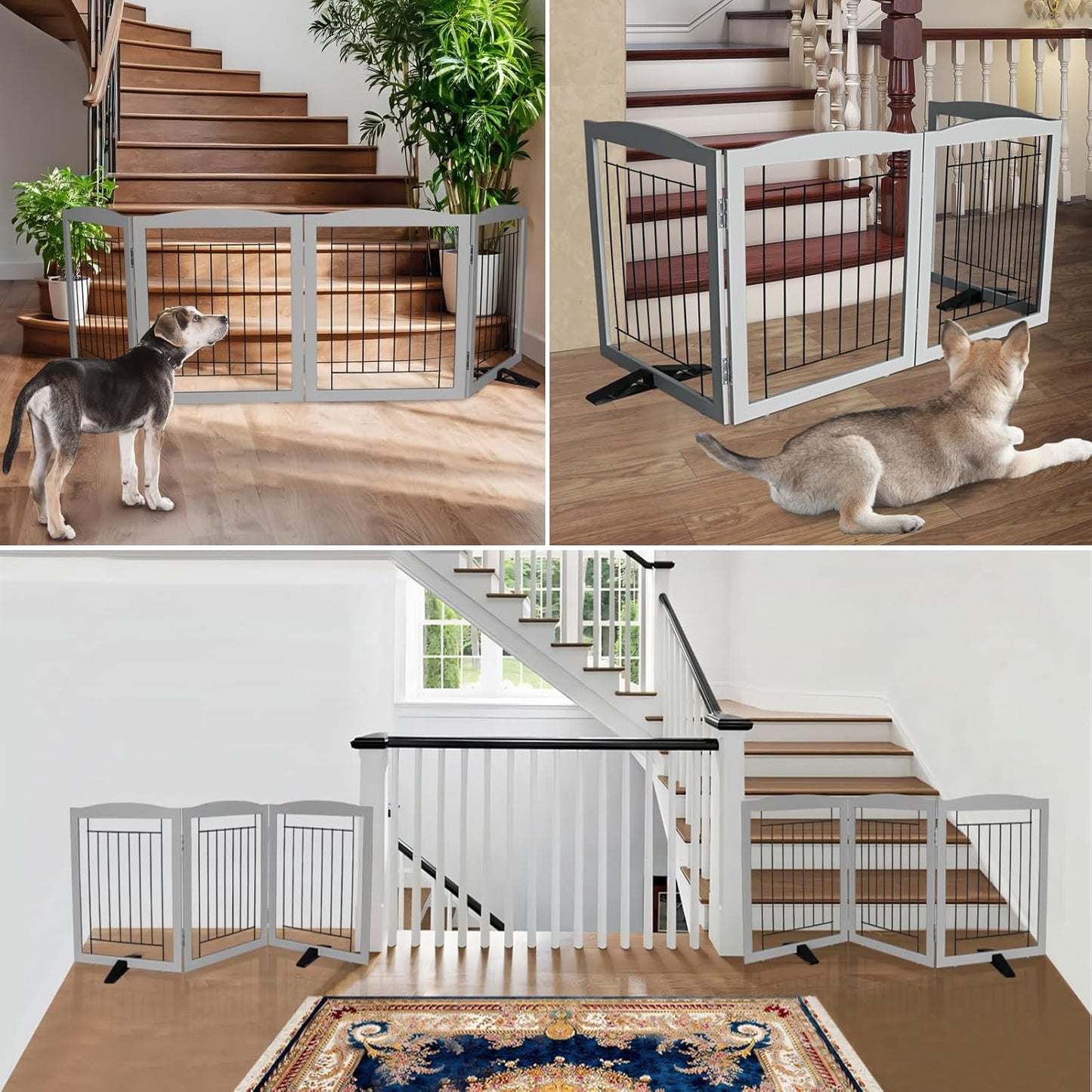 ZJSF Freestanding Dog Fence Indoor, Foldable Dog Gate for Doorways, Stairs or Hallways, Sturdy Wood Extra Wide Pet Gate with Support Feet for The House, Grey, 24 "Height-6 Panels