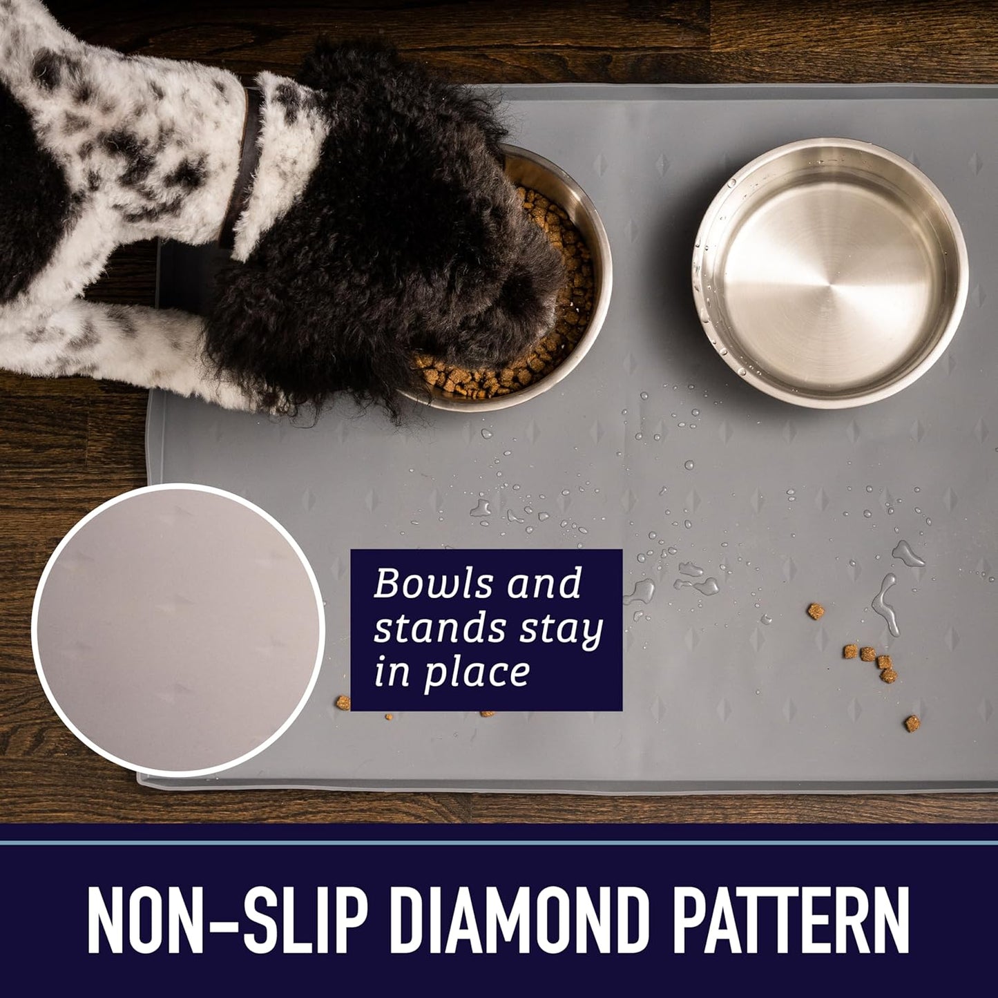 Leash Boss Silicone Dog Food & Cat Bowl Mat - XL 25 x 17 in - Black - Waterproof Non-Slip Raised Edge - Dishwasher Safe Pet Food Mat